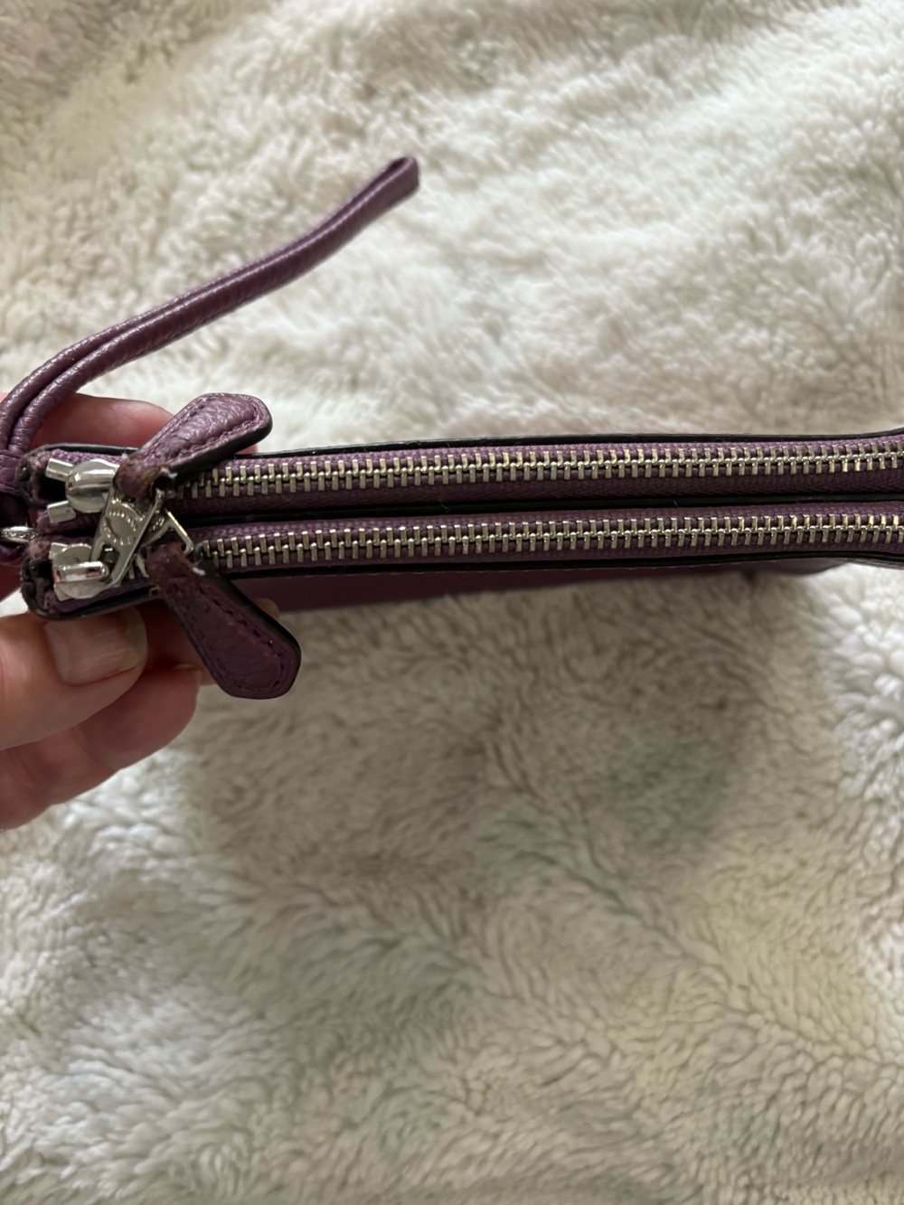 COACH Plum Pebbled Leather Double Zippered Wristlet Clutch
